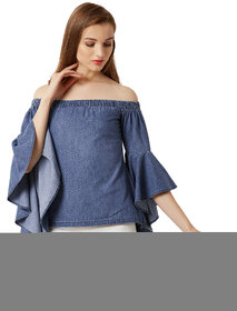 Miss Chase Women's Blue Off-Shoulder Ruffled Full Sleeves Solid Denim Top