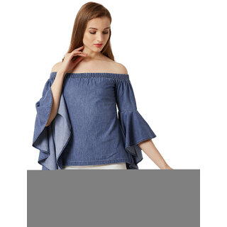                       Miss Chase Women's Blue Off-Shoulder Ruffled Full Sleeves Solid Denim Top                                              