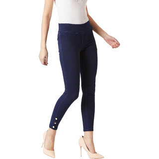                       Miss Chase Women's Navy Blue Super Skinny Fit High Rise Regular Length Gold Button Detailing Denim Stretchable Jeggings                                              