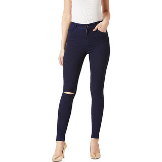                       Miss Chase Women's Navy Blue Skinny Fit Mid Rise Regular Length Knee Slit Denim Stretchable Jeans                                              