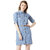 Miss Chase Women's Blue Polo Neck Rolled Up Full Sleeve Denim Solid Buttoned A-Line Mini Dress