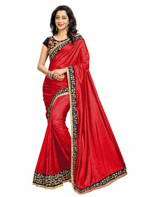 Bigben Textile Women's Red Embroidered Lace Work Paper Silk Designer Saree With Blouse