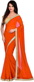 Bigben Textile Women's Orange Pearl Work Embellished Georgette Designer Saree With Blouse