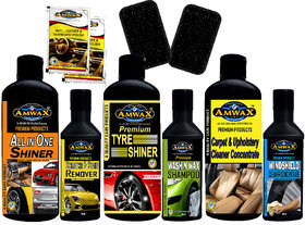 Amwax Car and Bike Care Kit-Tyre Shiner, All in one Polish,Carpet Cleaner, Wash n Wax, Scratch Remover,Windshield+ more
