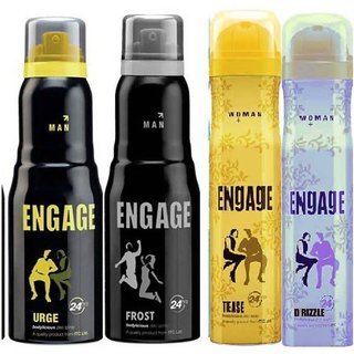 EEngage Men Deo And Womens deo (Rush, Urge) (Tease And Drizzle) (150ml each) (Flavours May Vary)