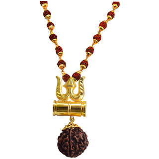 Sujal Fashion  Loard Shiv Trishul Damru Gold Color Locket With Puchmukhi Rudraksha Mala Pendant Necklace