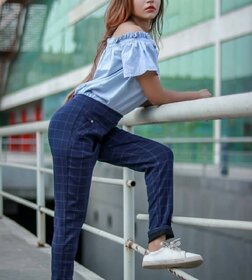 Best Seller Imported Blue Color Check's Stretchable Pants / Jeggings /Gym Wear /Yoga Wear /Casual Wear /Sport's Wear