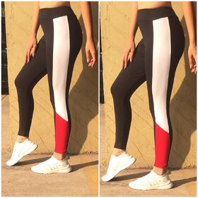 Side Red White Combo Block Stripe Stretchable Leggings / Gym Wear /Yoga Wear /Running Wear