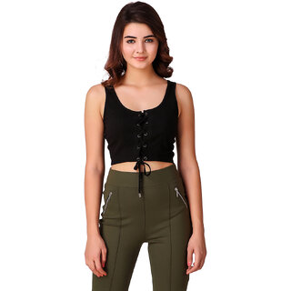 Texco Black Front Tie-Up Detail Styled Crop Top for Women