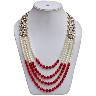                       Lucky Jewellery Designer Maroon Color Four Line Pearl Maharaja Haar With Stone Dulha Necklace Groom Moti Mala For Men                                              