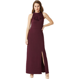 Miss Chase Women's Wine Red Fringed Halter Neck Sleeveless Solid Maxi Front Slit Dress