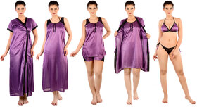 Senslife Women Purple Satin Nightwear 8pc Set (1 Long Nighty, 1 Long Robe, 1 Short Nighty, 1 Short Robe, 1 Top, 1 Shorts, 1 Bra, 1 Thong)