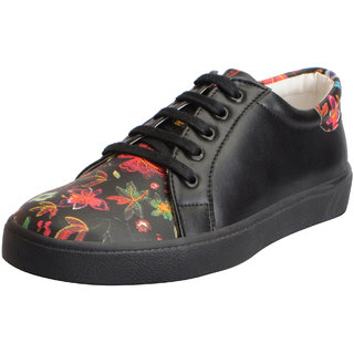 Fausto Women's Black Flower Printed Sneakers Casual Shoes