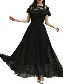 Raabta Black Net Ruffled Neck Floral Maxi Dress by Raabtaa Fashion