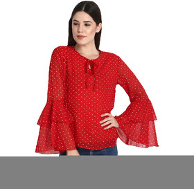 Raabta Red With White Dotted Printed Tie-Up Round Neck Bell Sleeves Top