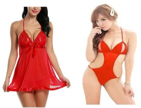 Kismat Fashion Sexy & Stylish Net Nighty With Attached G-String Panty Pack Of Two Babydoll