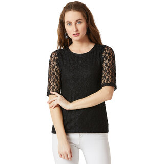                       Miss Chase Women's Black Round Neck Half Sleeve Cotton Knitted Solid Lace Detailing Top                                              
