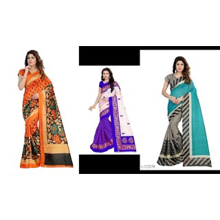                       Combo of 3 Sharda Creation Multicolor Block Print Bhagalpuri Silk Saree With Blouse                                              