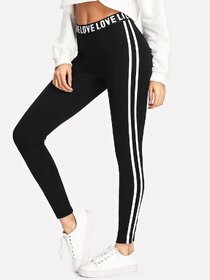 Code Yellow Women's Elastic Waist LOVE Printed, White Double Narrow Side Stripe Stretchable Leggings /Yoga Wear /Gym Wear