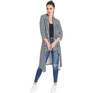 White Hosiery Lycra Striped Long Shrug 