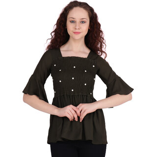 POPWINGS Casual Plain square neck Poly moss fabric Tussle Olive women top