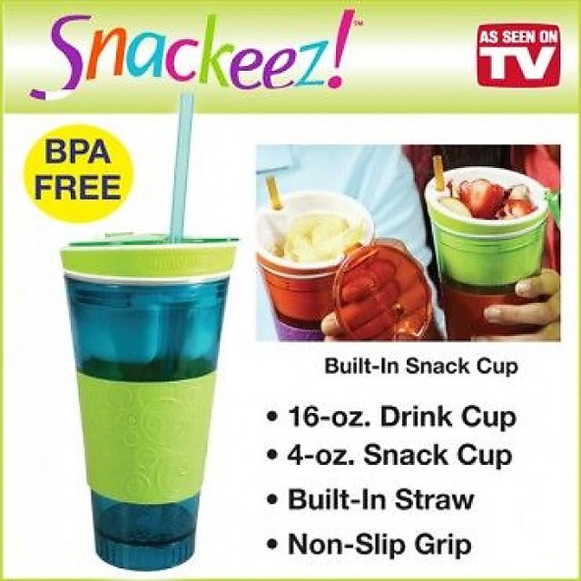 Snackeez Plastic 2 in 1 Snack & Drink Cup 2 Pack Green and Orange