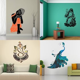 Eja Art Set of 4 Multicolor Wall Sticker Sleeping Buddha|Modern Peacock|Shiv Parwati|Royal Ganesh - Material  Vinyl