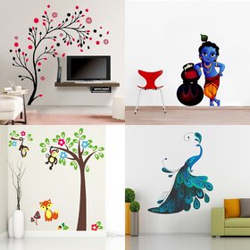 Eja Art Set of 4 Multicolor Wall Sticker Magical Tree|Makhanchor|Modern Peacock|monkey Hanging On Tree - Material  Vinyl