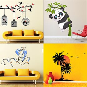 Eja Art Vinyl Wall Sticker Love Birds With Hearts,Baby Panda,Bansidhar,Beach With Sunset(50*5*5 cm,Set of 4, Multicolor)