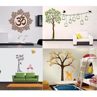                       Eja Art Pack of 4 Multicolor Wall Sticker Viny Material Om Design, Elegant Orange Deer, Flamingos And Tree, Family Tree                                              