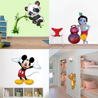 Eja Art Set of 4 Multicolor Wall Sticker Cute Panda On Tree|Cute Bal Krishna Makhan Chor|Cute Mickey Mouse|Cute Mouse Material - Vinyl
