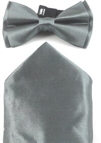 Voici France- Pre knot double layer Silver Grey bow Tie with Pocket Square