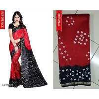 Sharda Creation red black  litchi silk saree with blouse piece