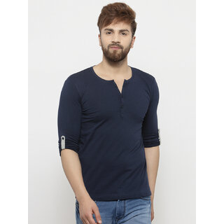 PAUSE Blue Solid V-Neck Slim Fit Full Sleeve Men's T-Shirt