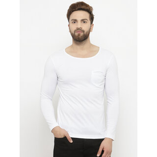                      PAUSE White Solid Round Neck Slim Fit Full Sleeve Men's T-Shirt                                              