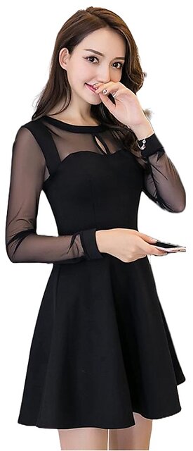 Women Black Plain Net Short Dress-thanhphatduhoc.com.vn