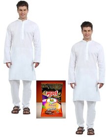 Men's White Cotton Kurta Pyjama (Set of 2) with free Holi Gulaal
