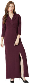 Miss Chase Women's Wine Red Collared V-Neck 3/4 Sleeve Solid Front Slit A-line Maxi Dress