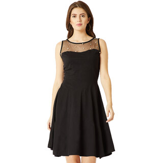                       Miss Chase Women's Black Round Neck Sleeveless Cotton Solid Sheer And Pearl Detailing Mini Skater Dress                                              