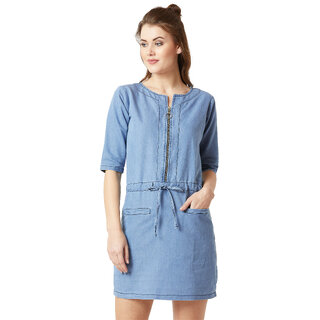                       Miss Chase Women's Light Blue Round Neck 3/4 Sleeve Denim Solid Midi Shift Dress                                              