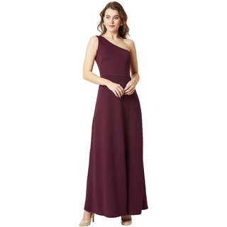                       Miss Chase Women's Wine Red One-Shoulder Sleeveless Solid Side Slit Maxi Dress                                              
