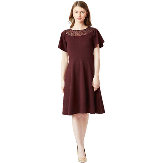                       Miss Chase Women's Wine Red Round Neck Flared Short Sleeve Solid Skater Knee-Long Lace Dress                                              