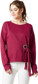 Miss chase Women's Maroon Round Neck Full Sleeve Cotton Solid Eyelet And Tie-Up Detailing Sweatshirt