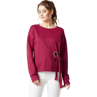                       Miss chase Women's Maroon Round Neck Full Sleeve Cotton Solid Eyelet And Tie-Up Detailing Sweatshirt                                              
