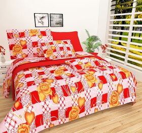 BRiDA YELLOW RED HEART PRINTED BEDSHEET WITH TWO PILLOW COVER ( BI17)