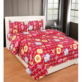 BRiDA 3D PRINTED RED FLORAL POLYCOTTON BEDSHEET WITH TWO PILLOW COVER ( BI08)