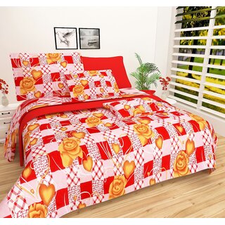 BRiDA YELLOW RED HEART PRINTED BEDSHEET WITH TWO PILLOW COVER ( BI17)