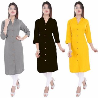 Purvahi solid knee length cotton kurta with wooden button (Grey Black Yellow )