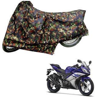                       AutoRetail Custom Made Two Wheeler Polyster Cover for Yamaha YZF-R15 (Mirror Pocket, Jungle Color)                                              