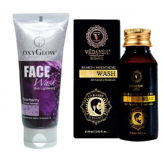 OxyGlow Bearberry & Grape Face Wash 50ml with Vedansh Organic Beard & Moustache Wash 60ml Combo